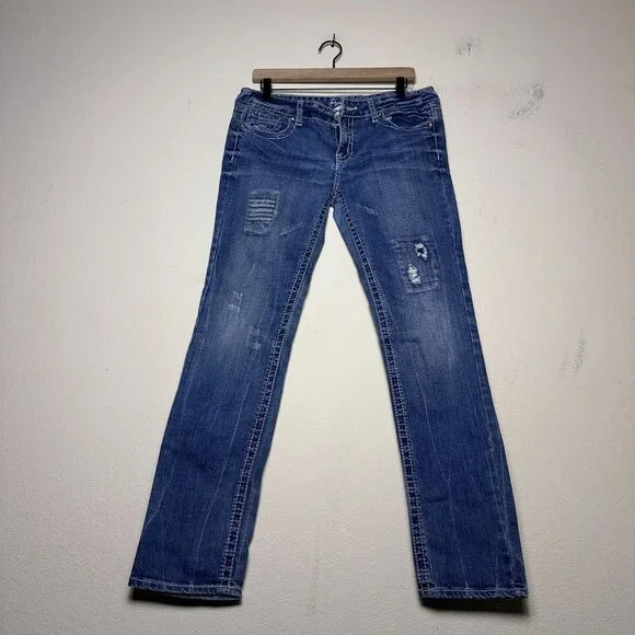 Y2K Amethyst Denim Jean Pant Women 11 Low Rise Slim Straight Fit Punk Distressed - Picture 1 of 15